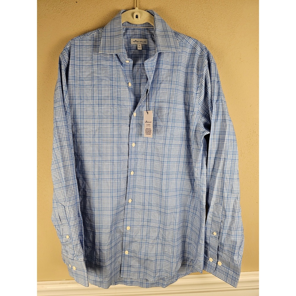 NWT Peter Millar Mens Blue White Silk Blend Crown Soft Andre Sport Shirt Medium